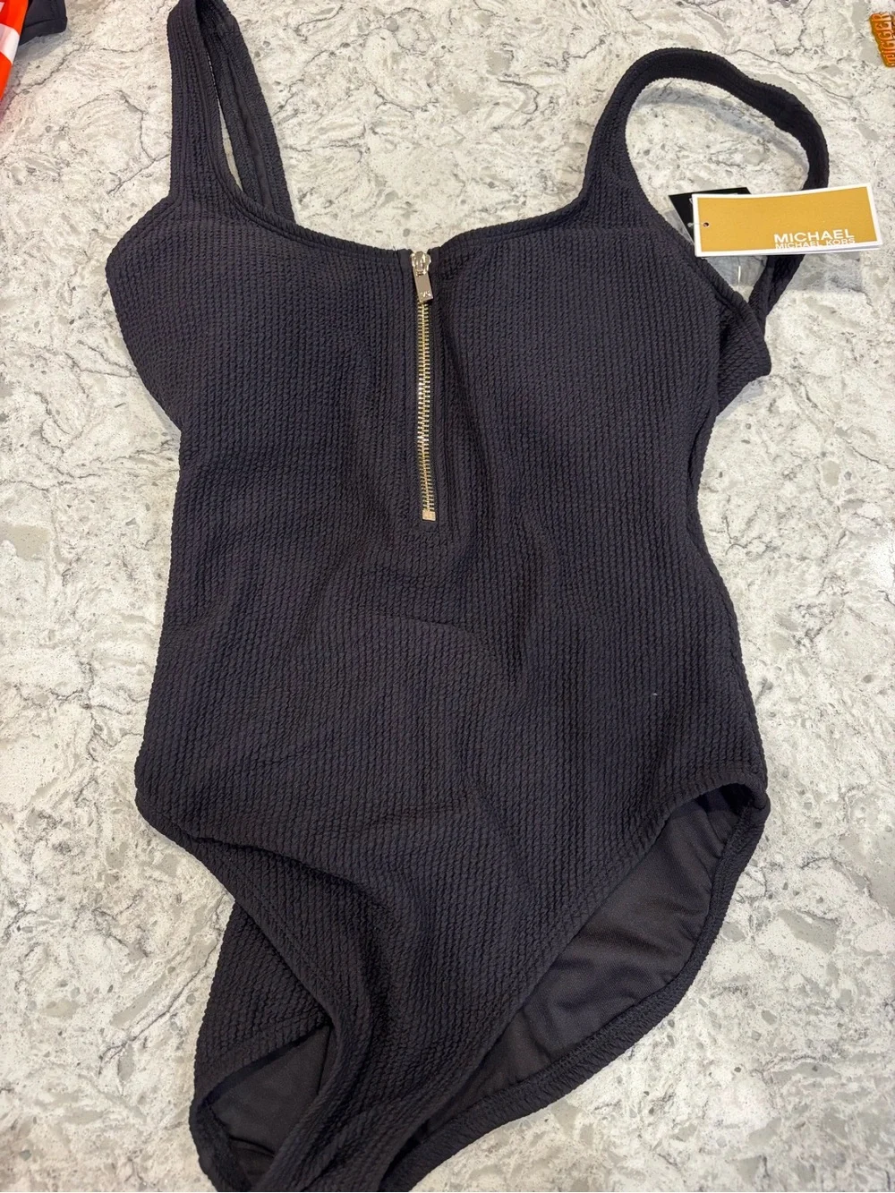 Michael Kors Black One-Piece Swimsuit with Gold Zip Front
